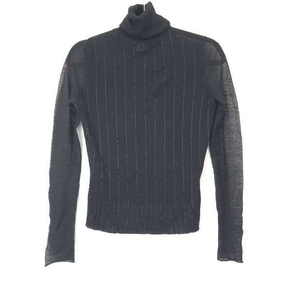 Magaschoni Black Ribbed Turtleneck Sweater Beaded Stripes Semi-Sheer Size S - Picture 3 of 9